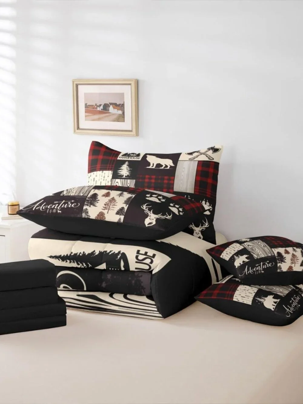 Retro Cabin Lodge Bed In A Bag Queen Wolf Plaid Patchwork Comforter Set With She